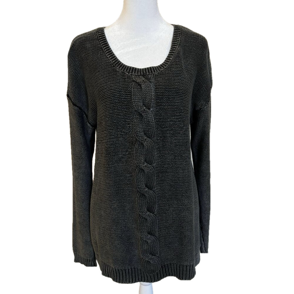 Sweater Long Sleeve w/ Cables front & Back, Charcoal Grey 100% Cotton, size LRG